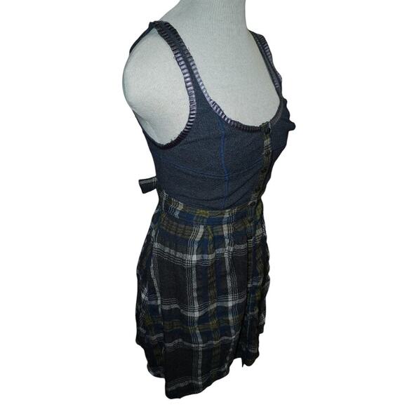 Free People Plaid Mini Dress – Button Front Denim Bodice, Grunge Cottagecore  4 - Picture 4 of 9